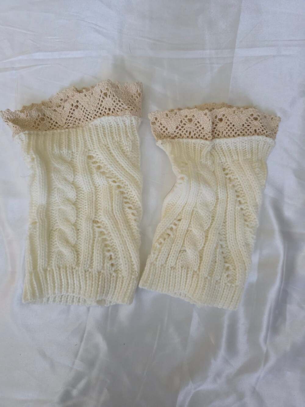 New Cable Knit Boot Cuffs Lace Trim White Winter Leg Warmers Sock Toppers